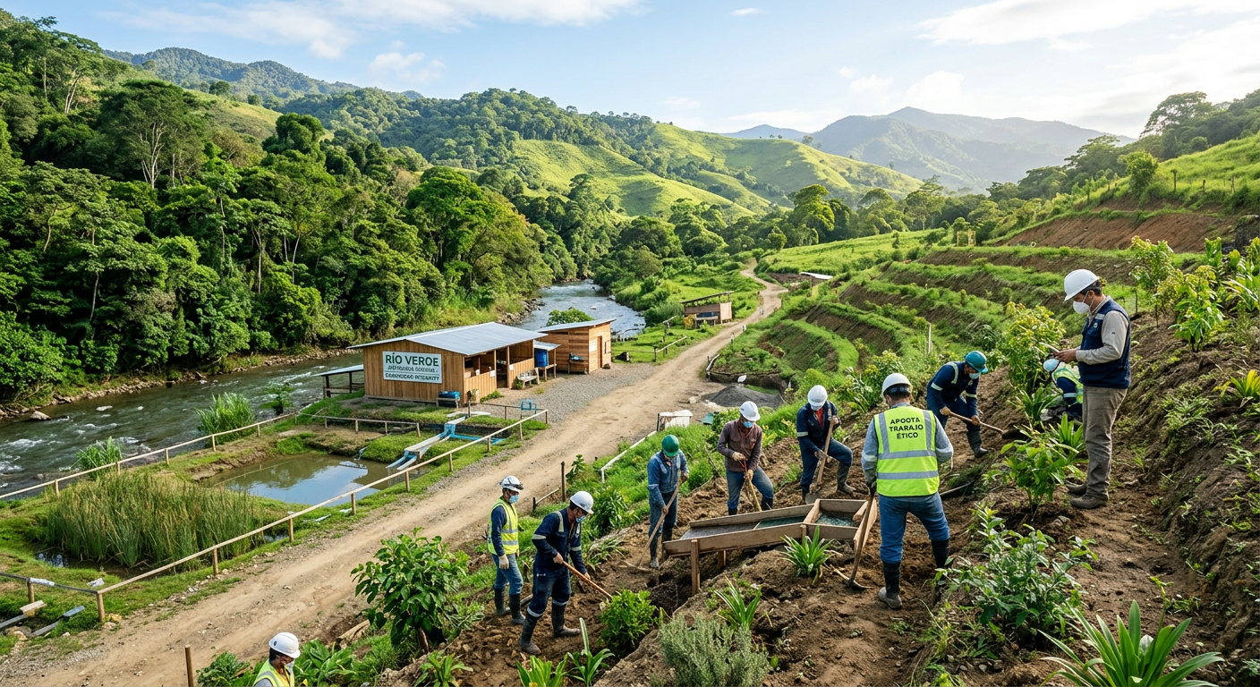 A professional wide-angle shot of a sustainable, small-scale artisanal mine set in a lush green landscape, emphasizing e
