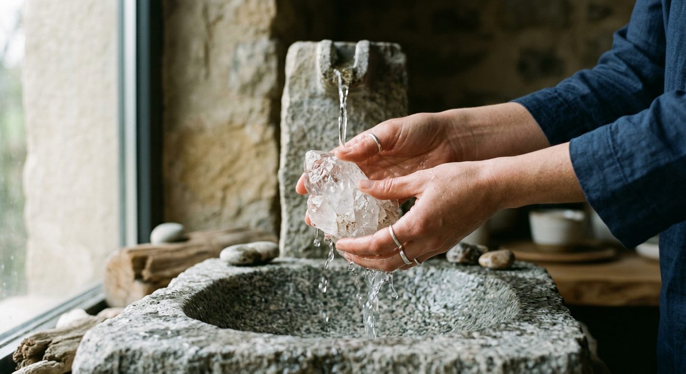 A high-quality editorial photograph of a pair of protected hands carefully washing a raw, unpolished quartz crystal unde