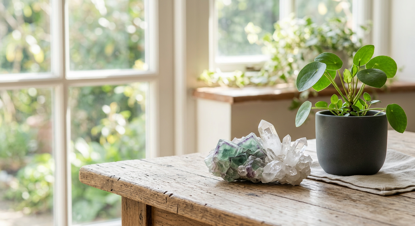 A minimalist, bright editorial photograph of a cluster of clear quartz and green fluorite crystals placed on a rustic wo