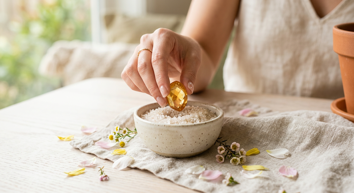 Professional close-up shot of a hand gently placing a polished citrine stone into a shallow ceramic bowl of natural sea