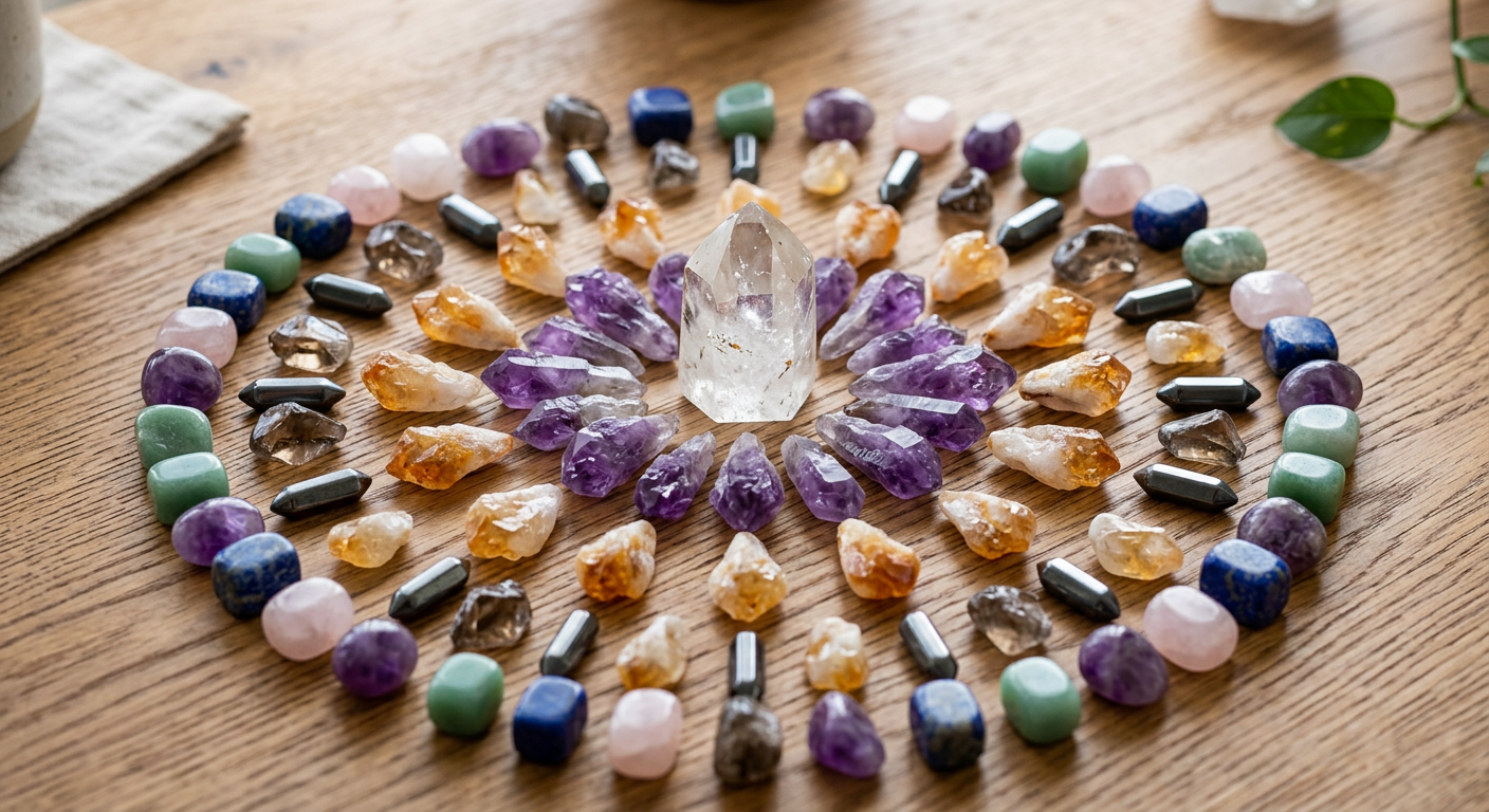 A close-up photograph of a variety of tumbled and raw gemstones arranged in a geometric circle on a wooden table, featur