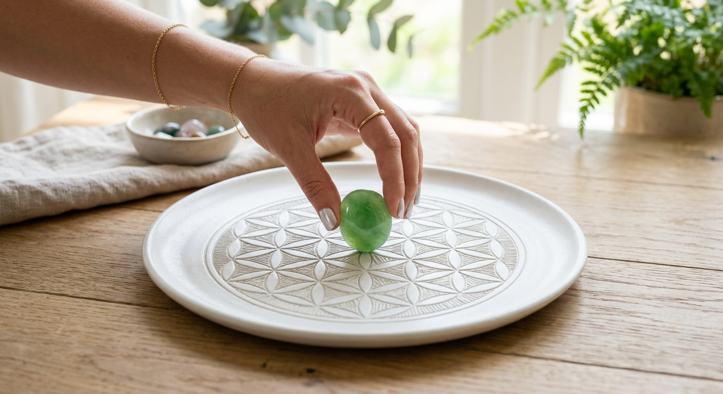 An editorial shot of a hand gently placing a polished green jade stone onto a white ceramic plate engraved with a sacred