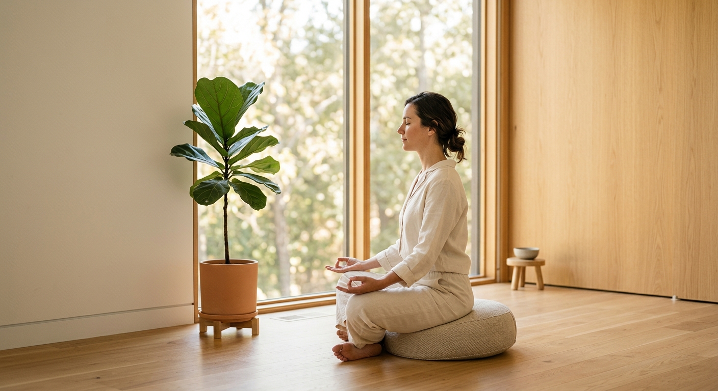 A serene, minimalist indoor space where a person sits in a meditative pose on a floor cushion, surrounded by warm natura