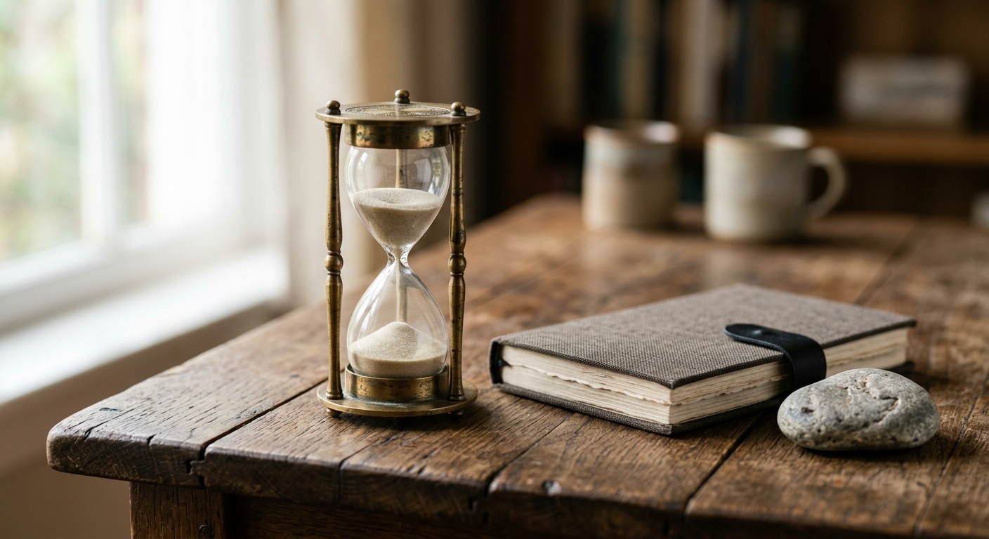 A macro photograph of an antique hourglass on a wooden table next to a closed notebook and a small stone, symbolizing di