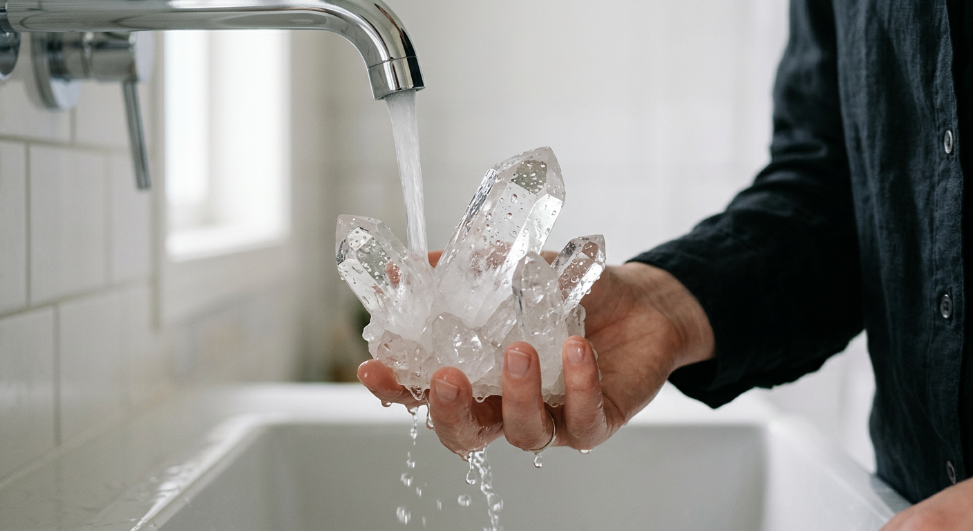 A macro shot of a clear quartz cluster being gently held under a soft stream of clean water in a minimalist bathroom set