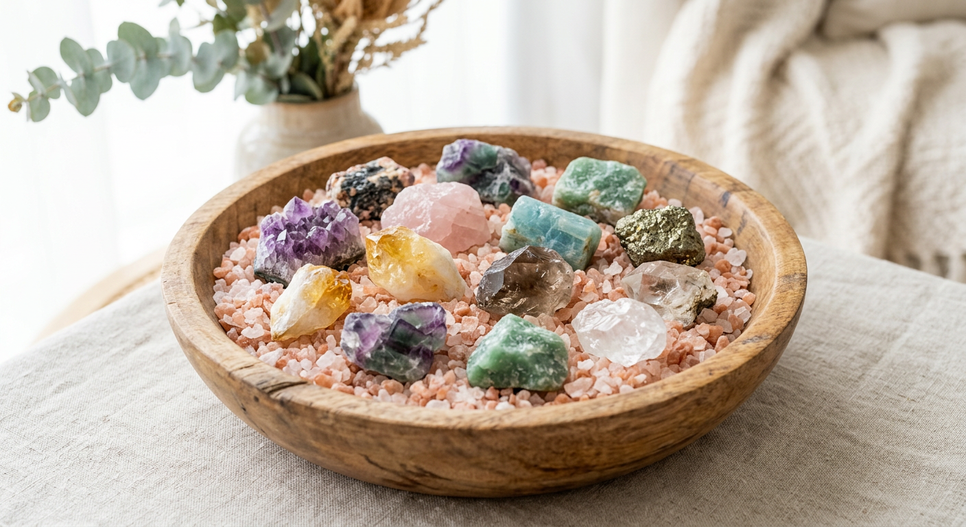 A close-up photograph of a variety of multicolored raw crystals resting on a bed of natural Himalayan sea salt in a wood