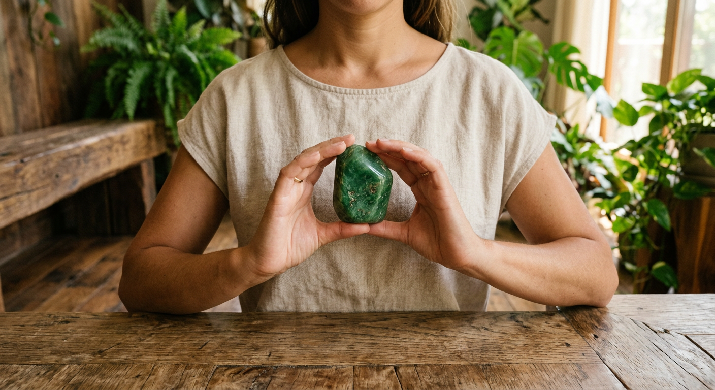 An overhead shot of a person’s hands holding a vibrant green Jade crystal over their heart, with a blurred background of