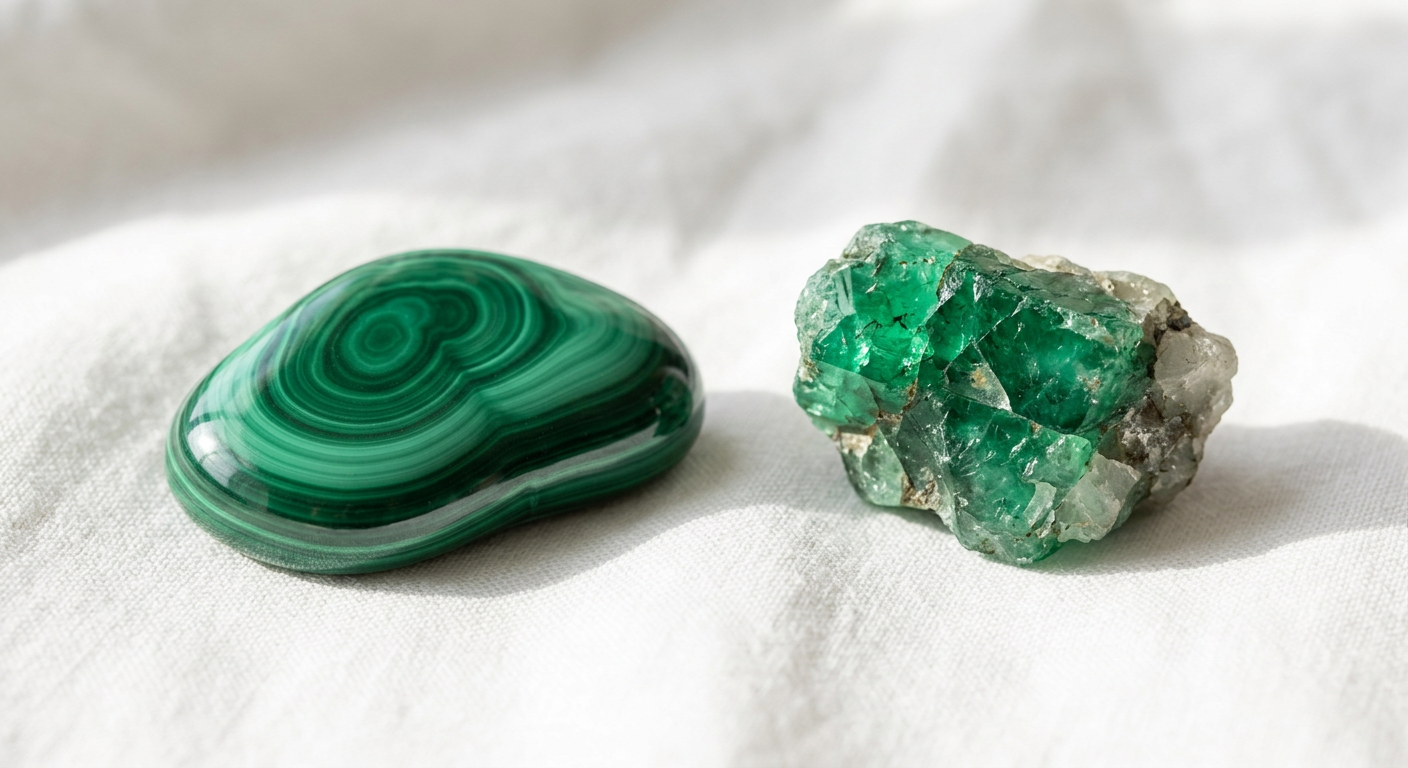 A close-up photograph of a polished Malachite stone and a raw Emerald gemstone resting on a clean, white linen fabric wi